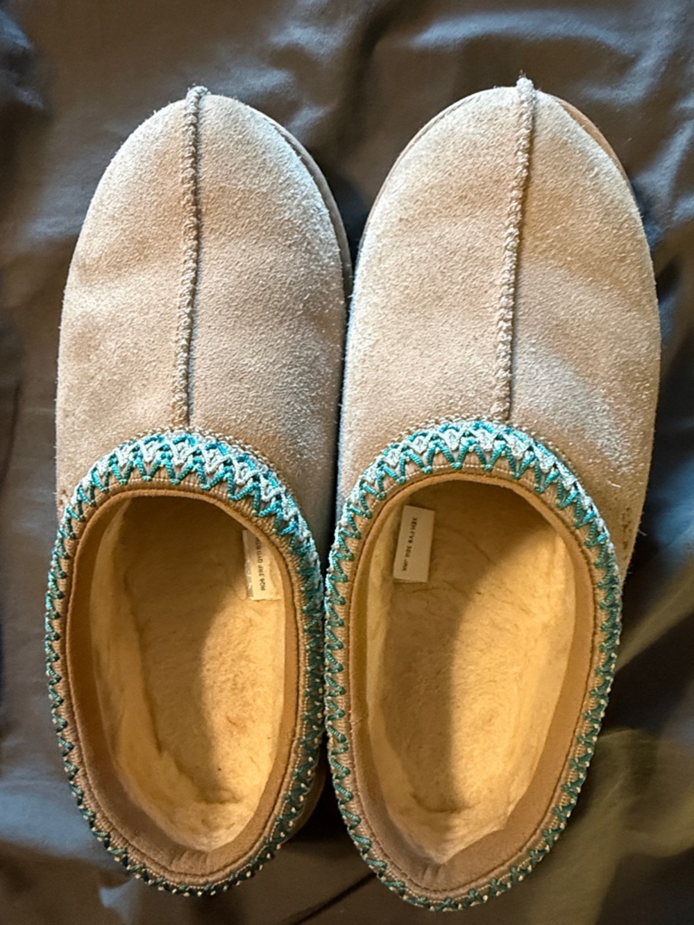 UGG Tan Slippers with Teal Trim - Picture 2 of 4